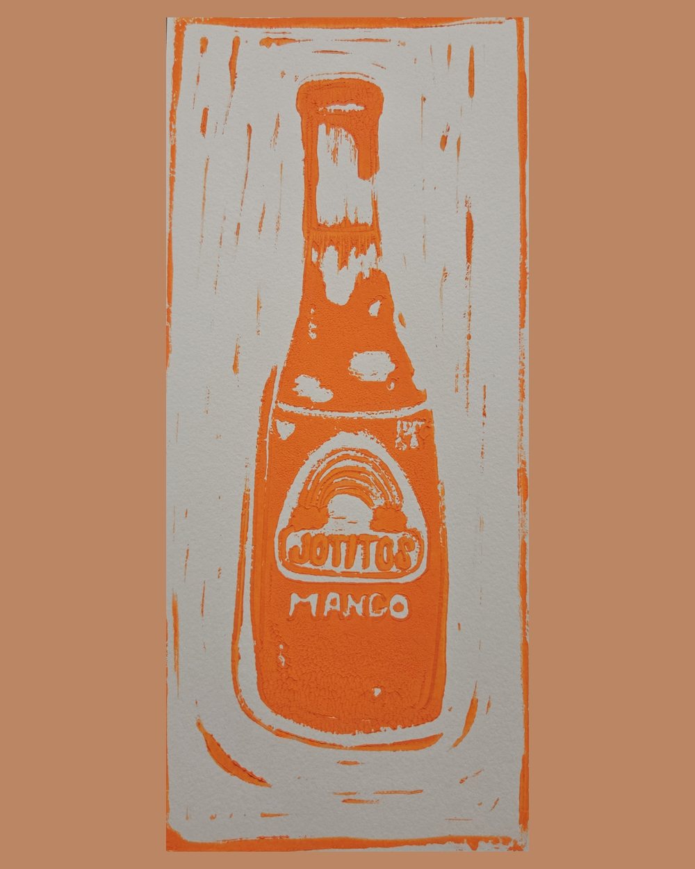 Tall linocut in orange of a soda bottle, its label carved with a rainbow arch and the words Jotitos Mango.